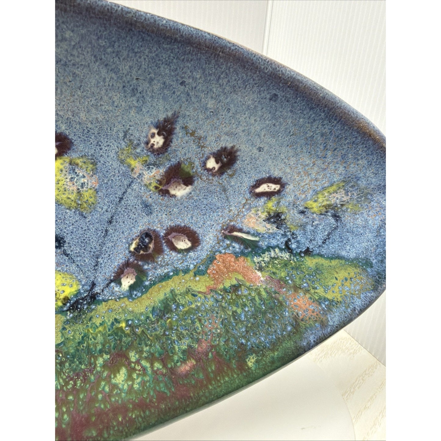 Phil Morgan Art Pottery Long Oval Platter Glazed Hand Painted Flowers Stems