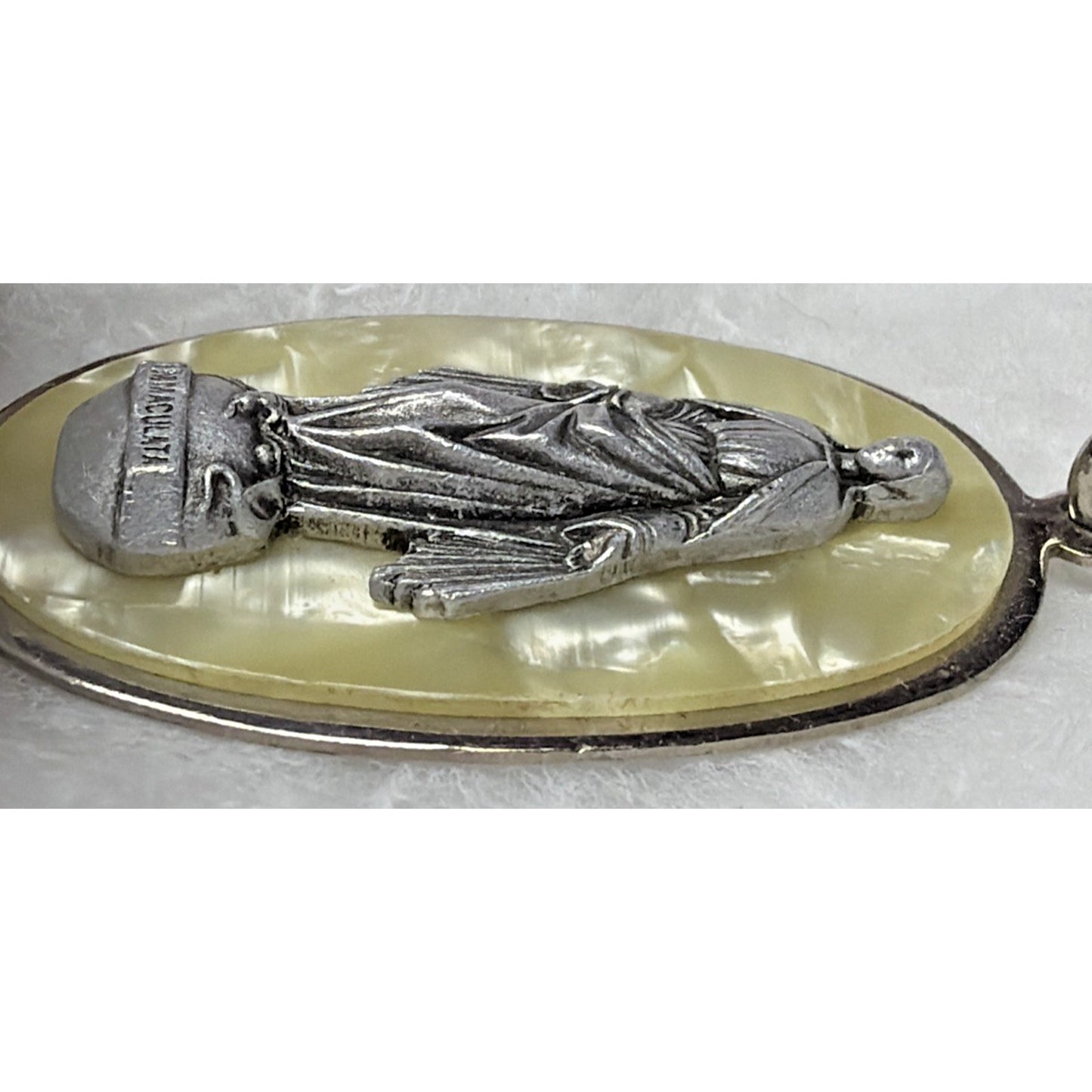 Immaculata Virgin Mary Saint Pendant Silver Metal Faux Mother Pearl Celluloid