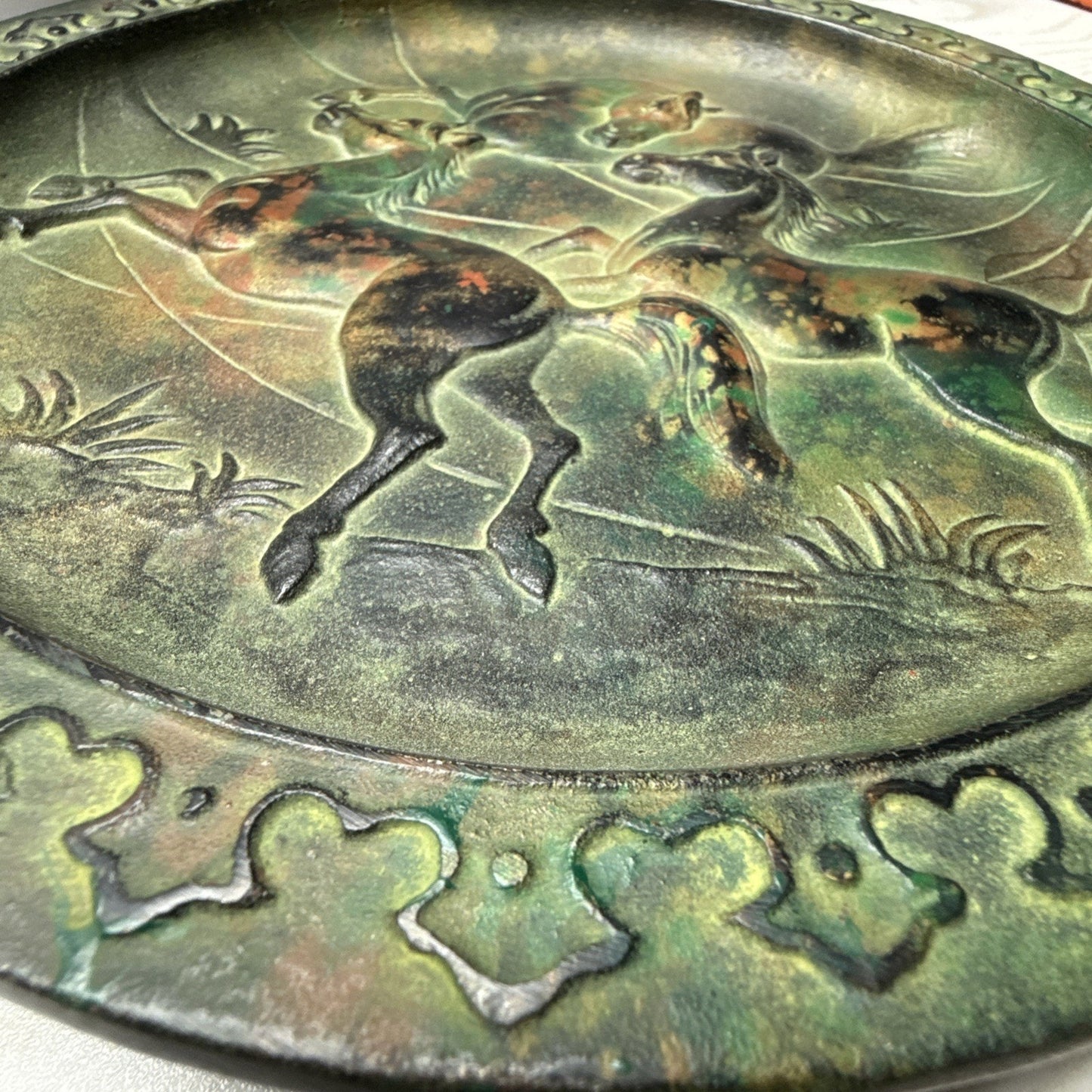 Antique Bradley Hubbard Cast Iron Wall Plaque Plate Wild Horse Stallions Bronze