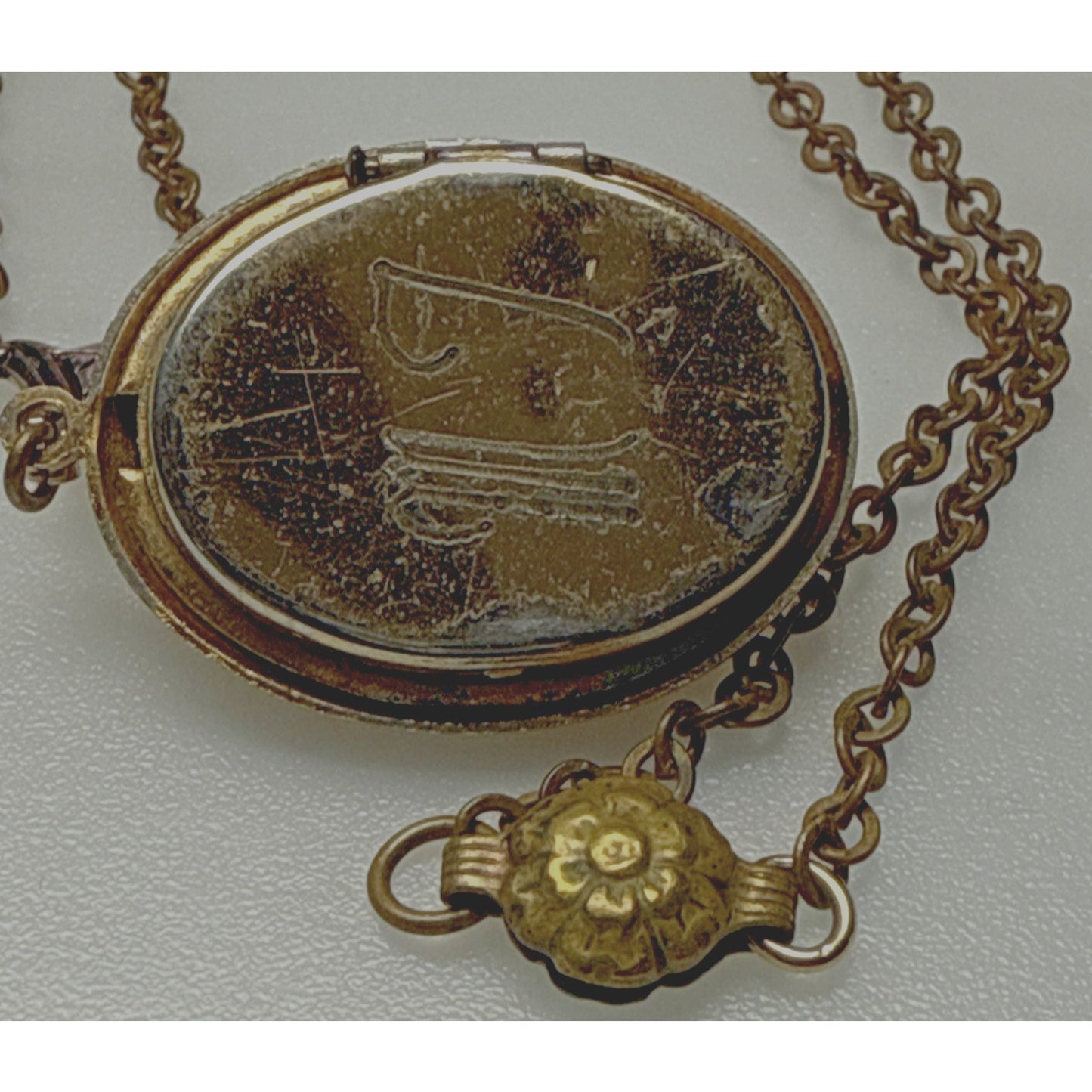 Vintage Black Celluloid Cameo Mother Of Pearl Locket Engraved Pendant Necklace