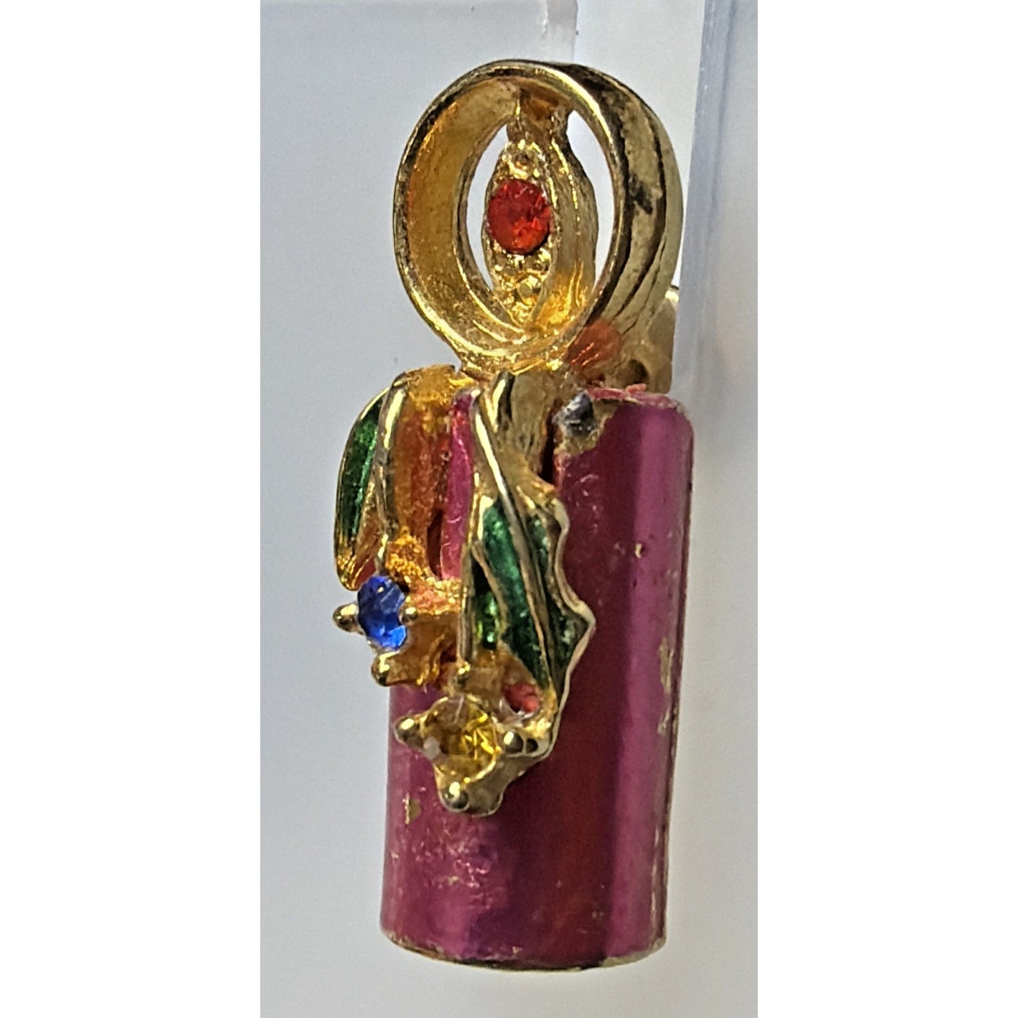 Vintage Enamel Rhinestone Candlestick Candle Earrings Pink Gold Tone
