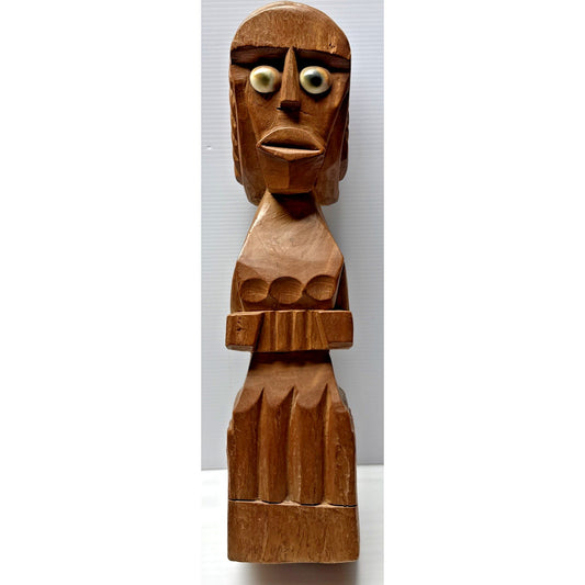 South Pacific Islander Art Wood Hand Carved Tribal Sculpture Shell Eyes As-Is