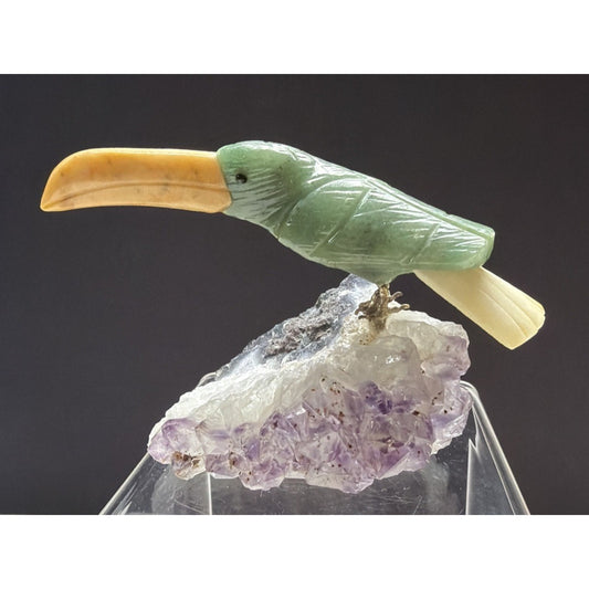 Vintage Brazilian Green Stone Toucan Bird Sculpture Amethyst Crystal Base As Is