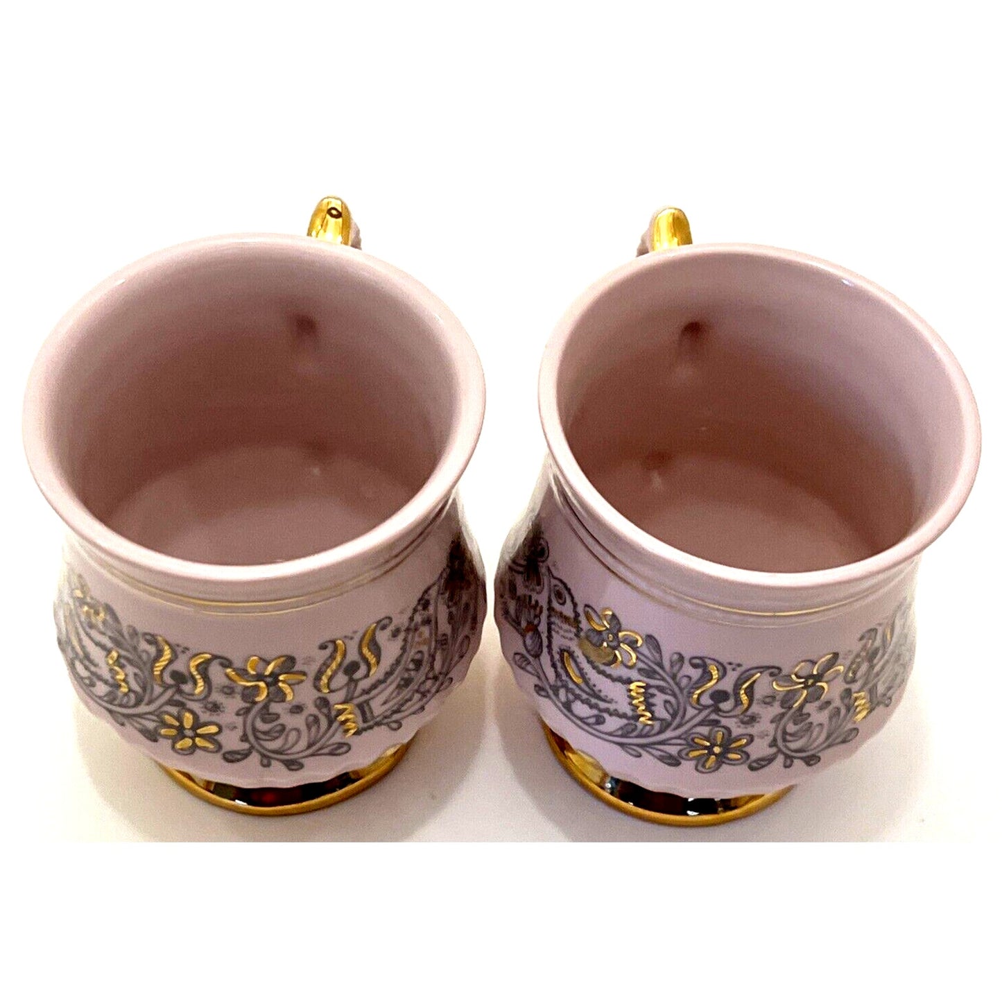 Antique Lot Of 2 H&C Rosa Pink Czech Porcelain Love Birds Gold Mugs Tea Cups