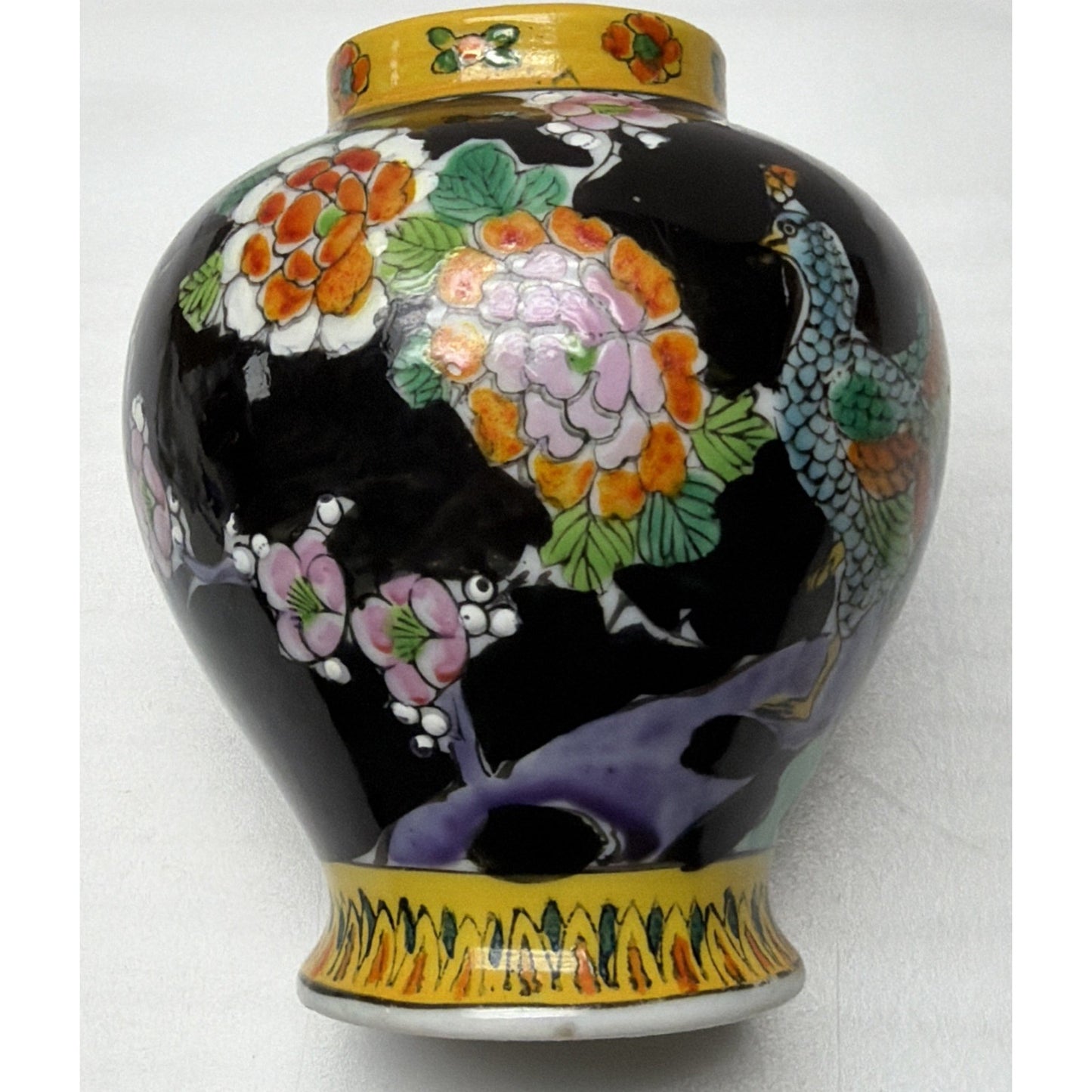 Vintage Japanese Hand Painted Black Porcelain Phoenix Ginger Jar Urn Lid Floral