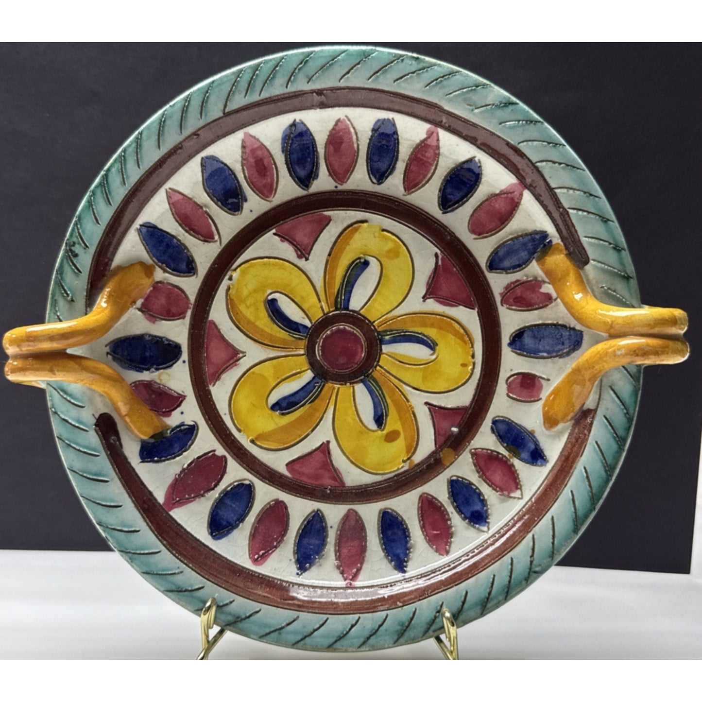 MCM Italy Sgraffito Pottery Cache Candle Base Dish Hand Painted Flower Handles