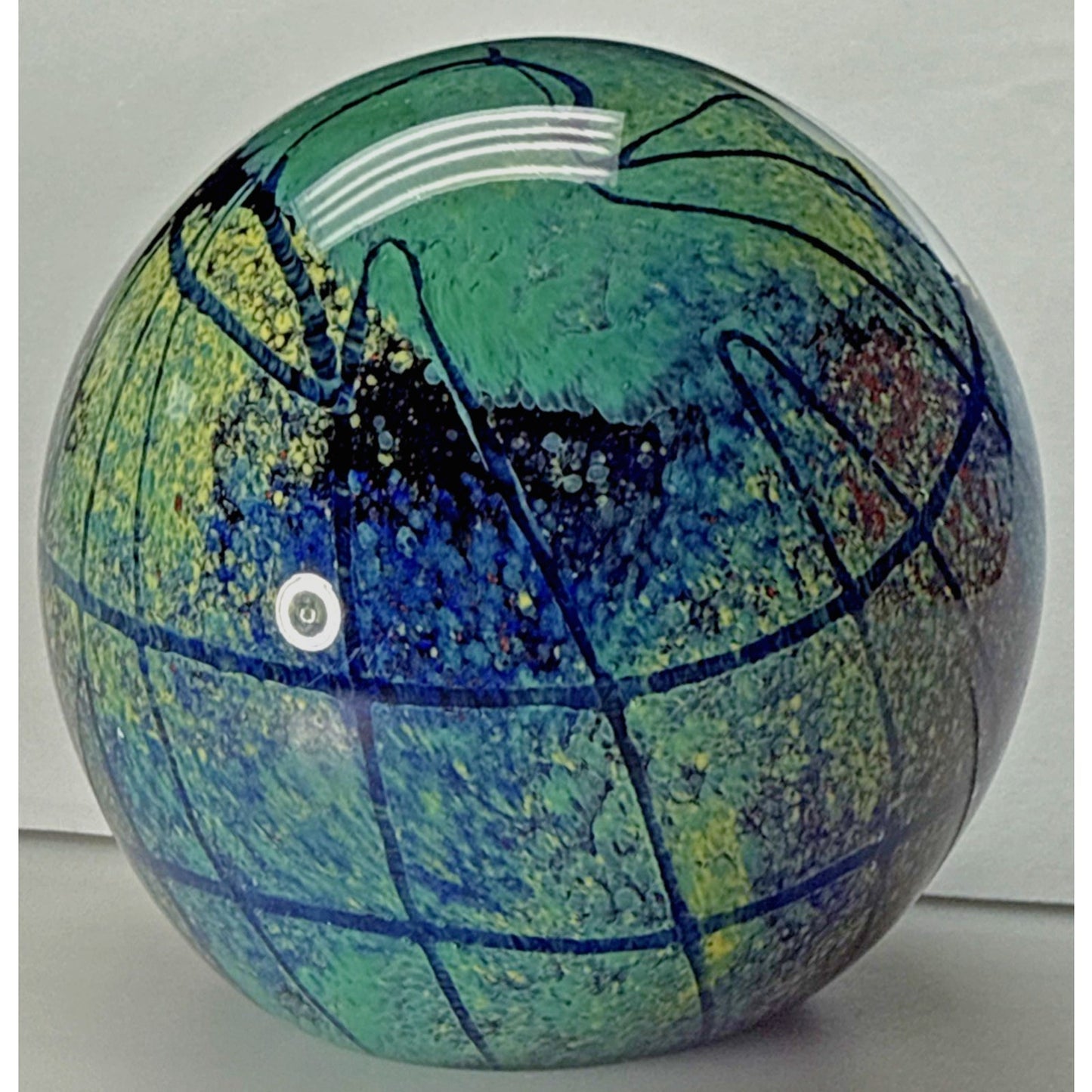 Vtg Art Glass Globe Paperweight Blue Green Confetti Hemisphere Mottled Bubbles