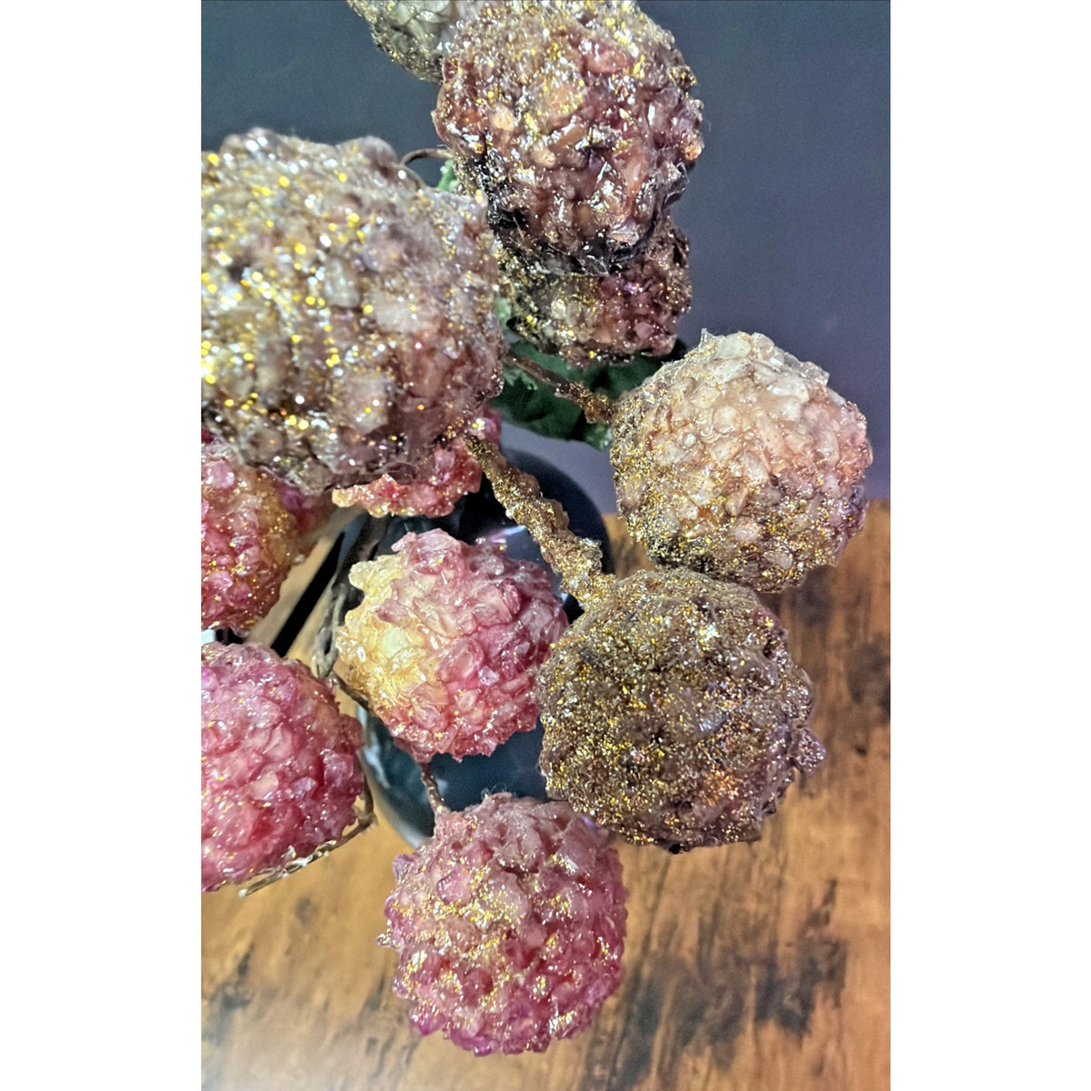 Vintage Lot of 2 Beaded Fruit Berry Grape Stem Picks Sugar Coated Leaf Bouquet