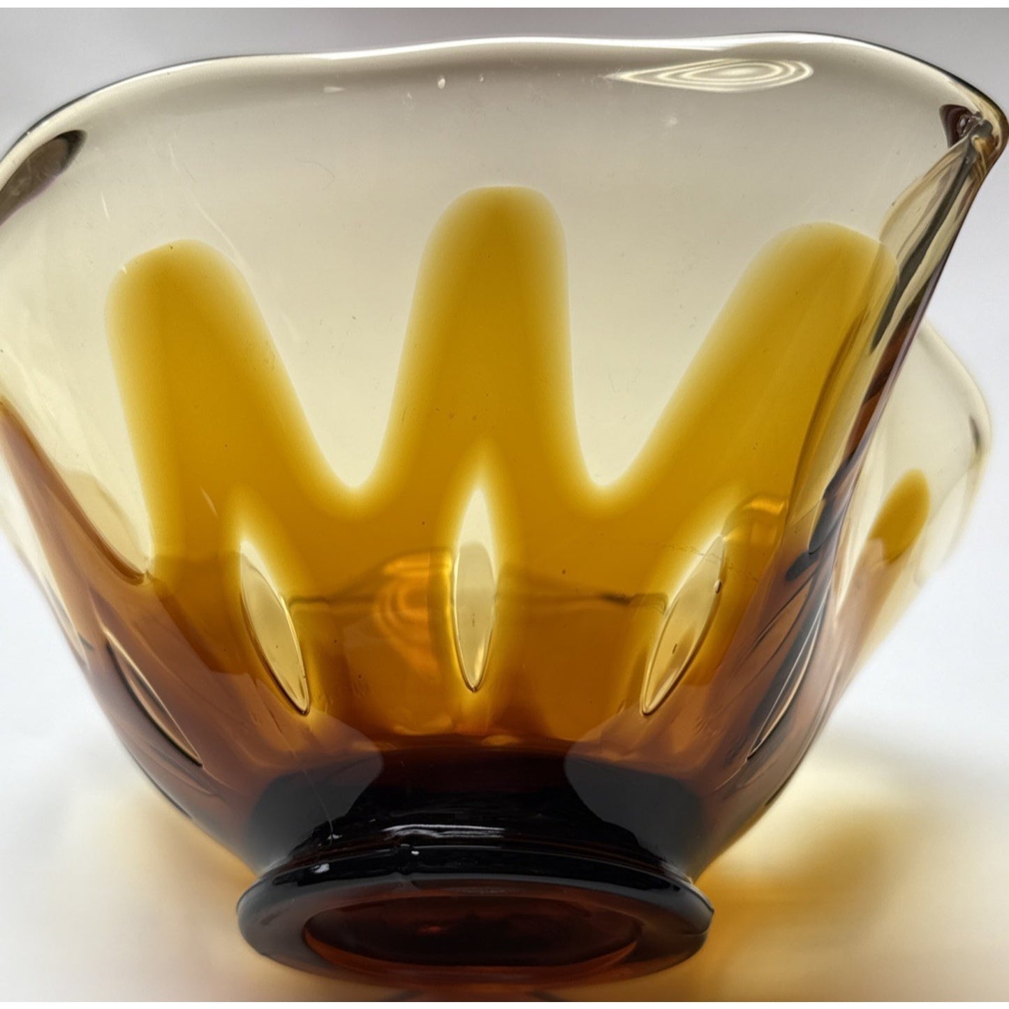 MCM Fostoria Art Glass Hawaiian Amber Brown Footed Ruffled Bowl