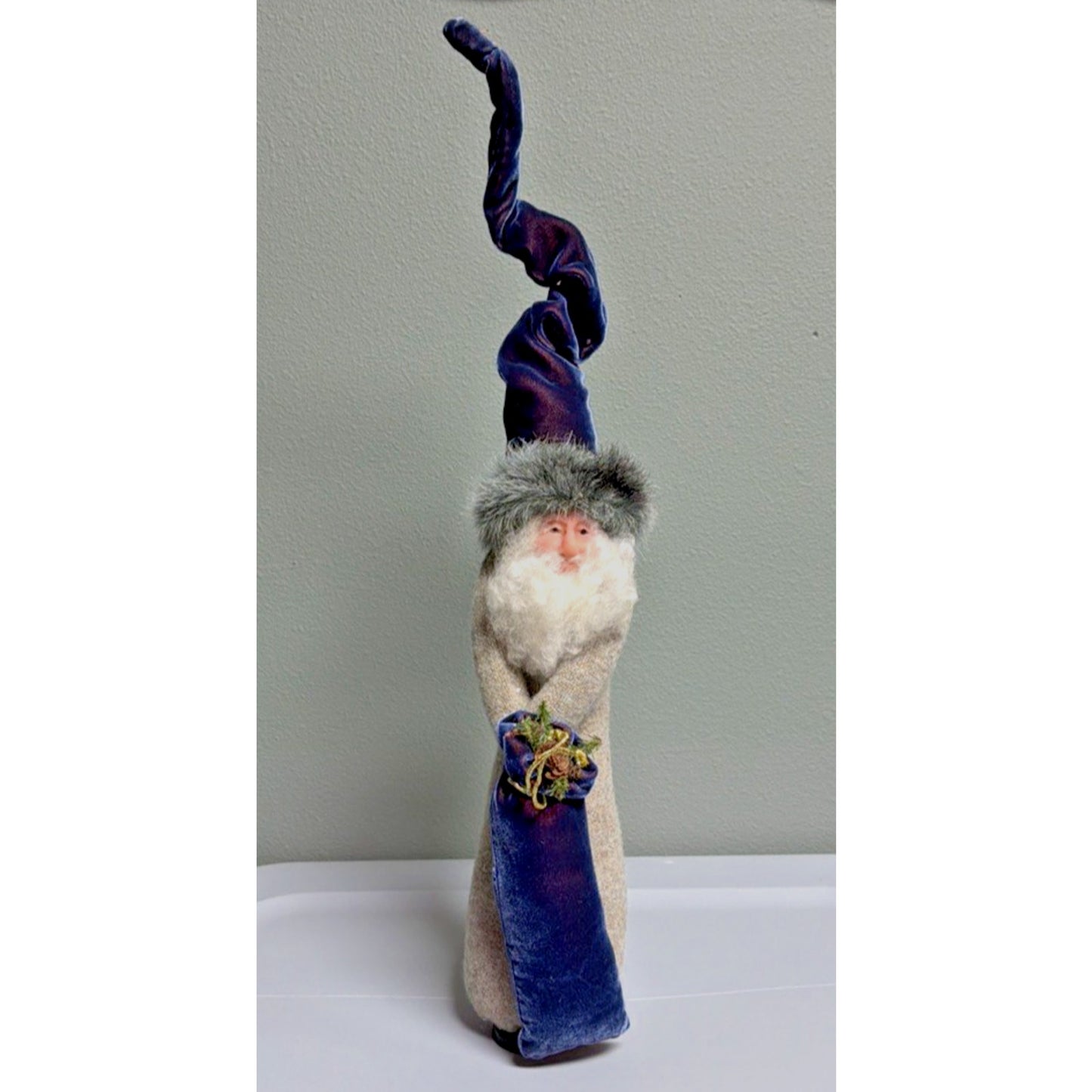 Vintage Folk Art Santa Gnome Wizard Hand Made Wool Velvet Tall Hat Signed As Is