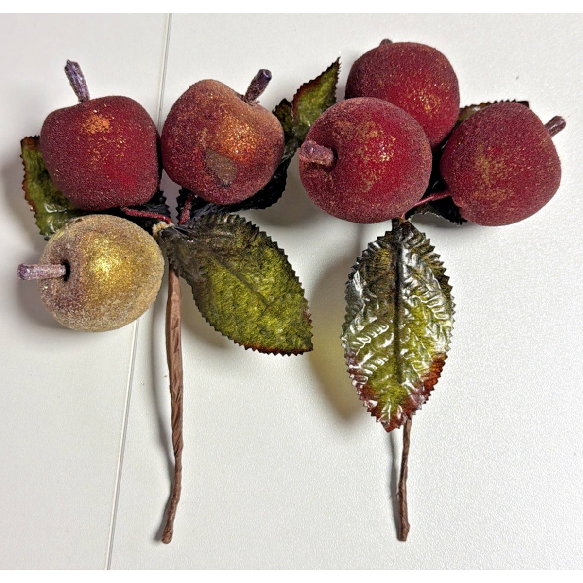 Lot of 2 Vtg Sugar Beaded Sugar Fruit Picks Apple Berries Frosted Stems Leaves