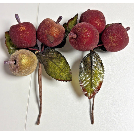 Lot of 2 Vtg Sugar Beaded Sugar Fruit Picks Apple Berries Frosted Stems Leaves