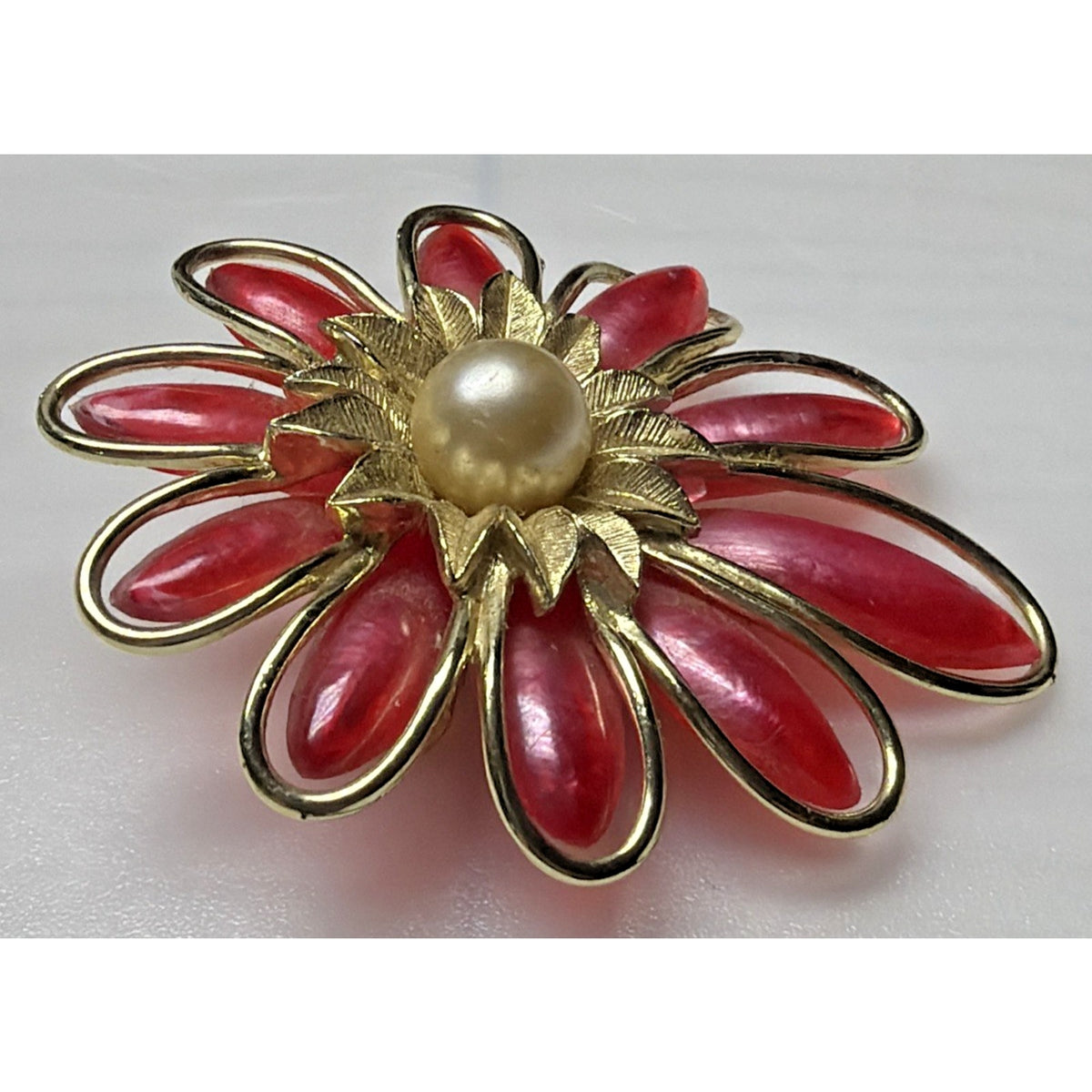 Vintage Large Flower Blossom Brooch Resin Plastic Leaves Gold Frame Faux Pearl