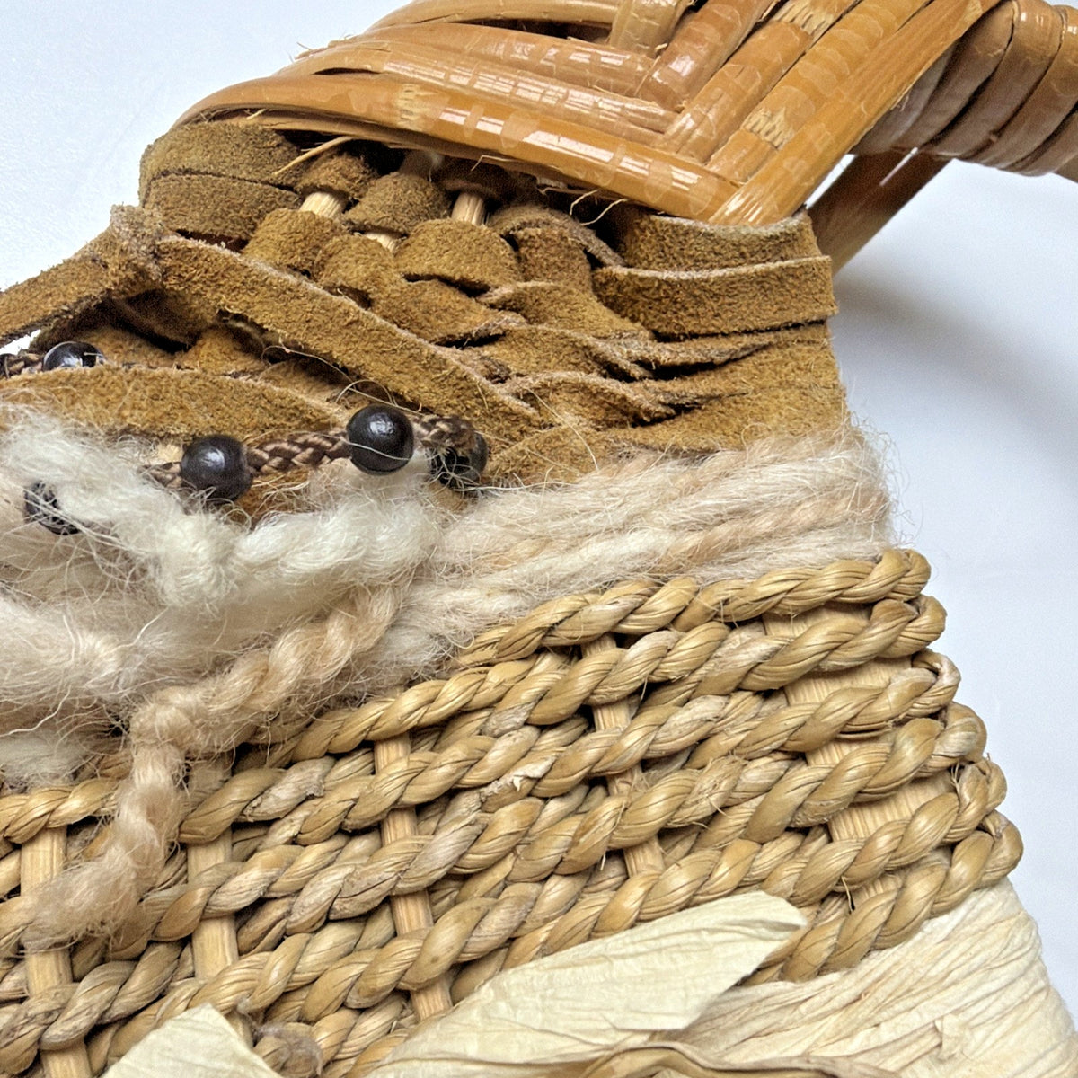 Vtg Hand Woven Basket Splint Wood Gods Eye Hanging Leather Beaded Flower As Is