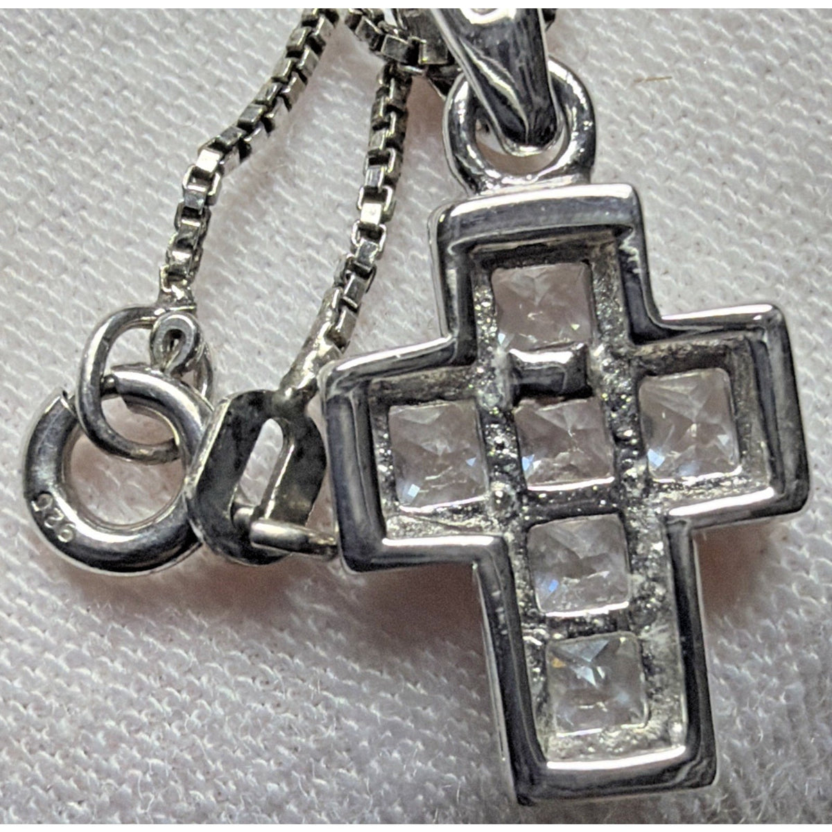 Sterling Silver Religious Cross Pendant Necklace Princess Cut Crystals Box Chain