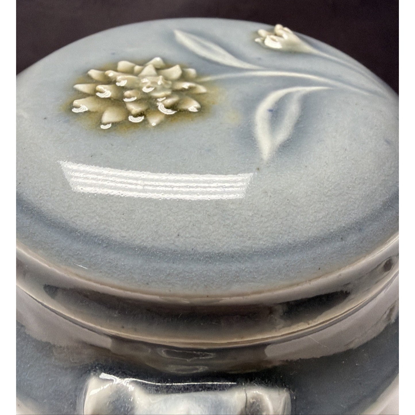 Vtg Celadon Tea Caddy Ginger Jar Embossed Chrysanthemum Blue Gray Handles Signed