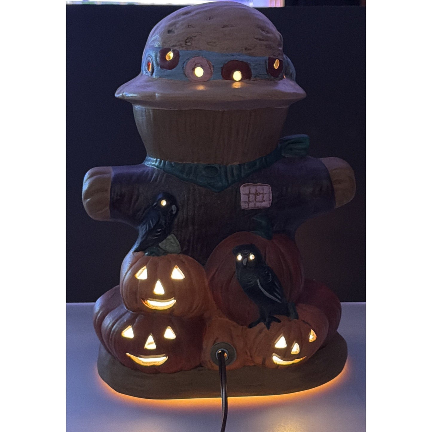 Vintage Ceramic Scarecrow Lamp Hand Painted Pumpkin Jack O Lantern Reflection