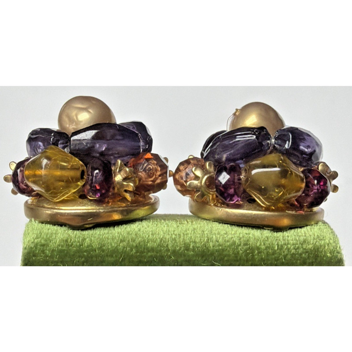 Vtg LC Liz Claiborne Omega Clip On Earrings Faux Pearl Multi Beaded Purple Gold