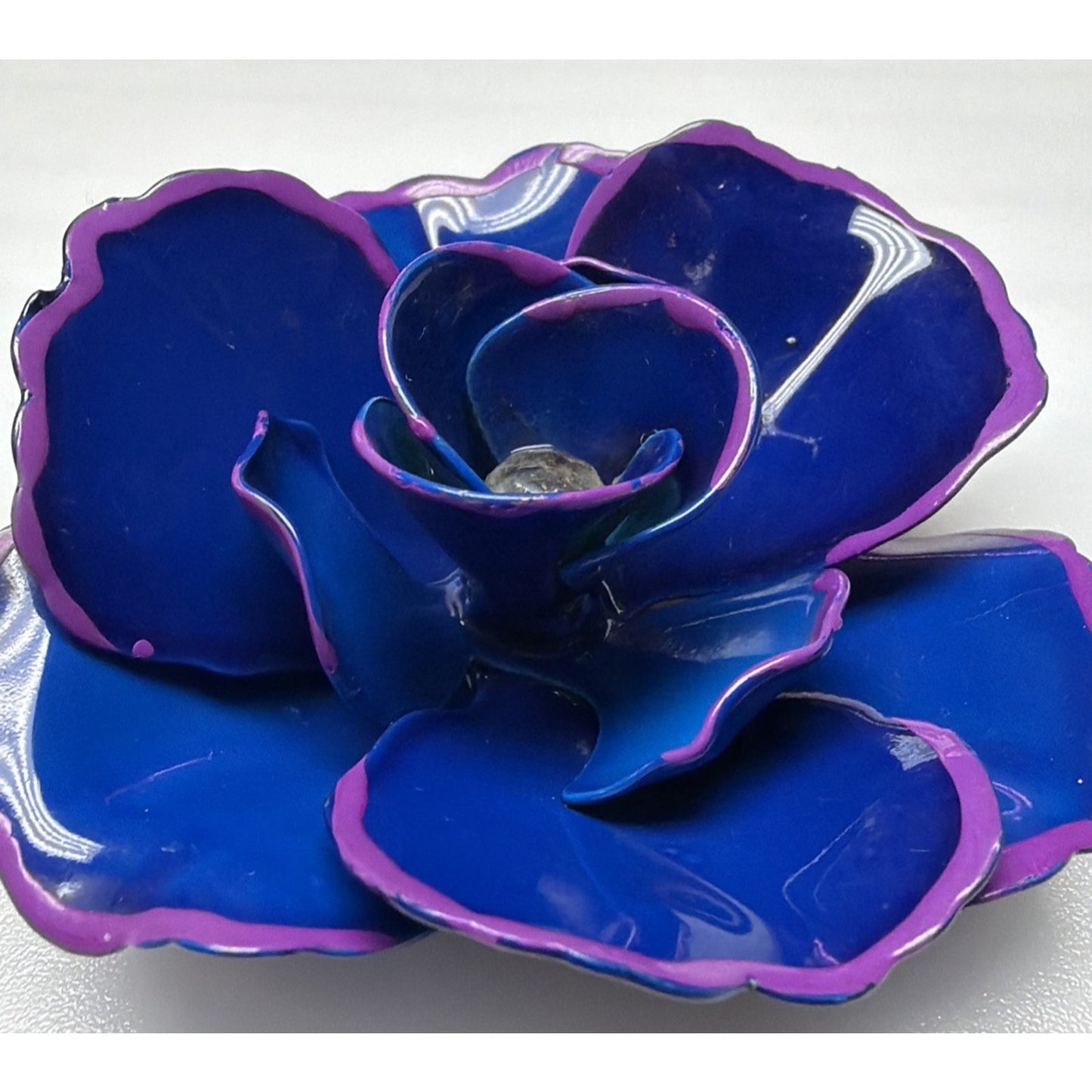 Vintage Blue Metal Purple Enamel Flower Bloom Pin Brooch Large