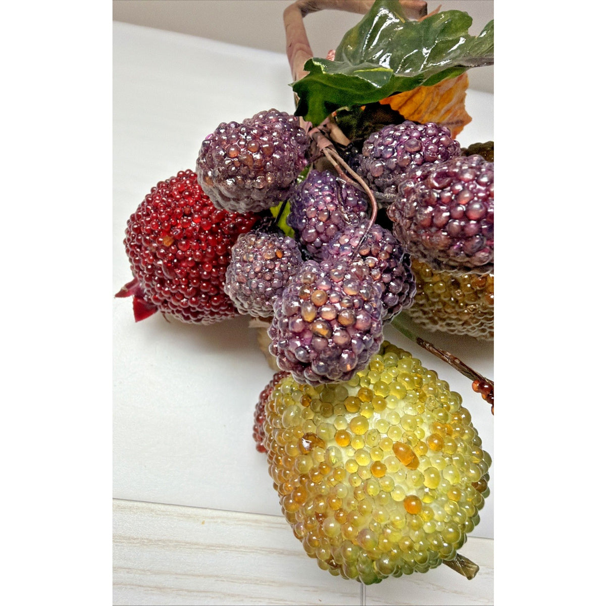 Vintage Glass Beaded Jeweled Faux Fruit Bouquet Pear Pomegranate Raspberry Grape