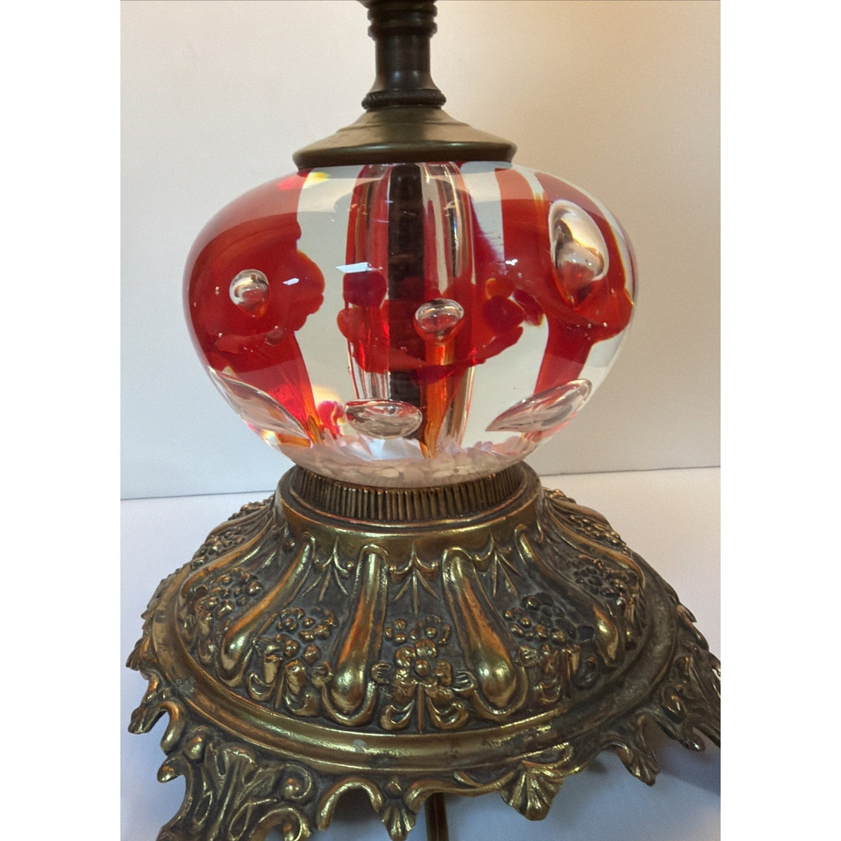 Vtg Clair Joe Rice Art Glass Red Trumpet Flower Lamp Paperweight Ornate L&L WMC