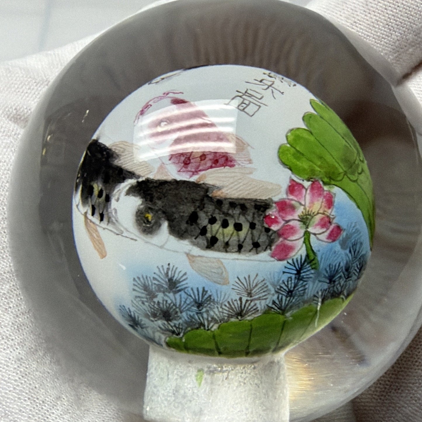 Vtg Asian Reverse Painted Glass Ball Paperweight Fish Lotus Tree Plenty of Fish