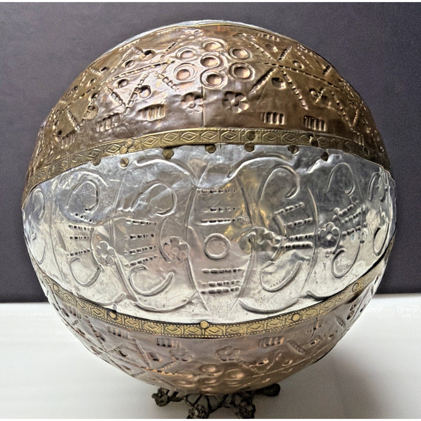 Vtg Mixed Metal Wrapped Sphere Orb Hand Tooled Design Ornate Ball Brass Bronze