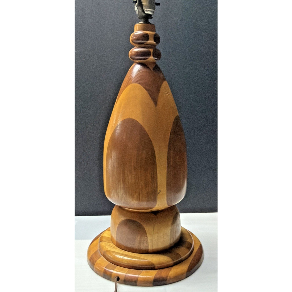 MCM Large Inlaid Wood Hand Turned Table Lamp Marquetry Parquetry No Shade