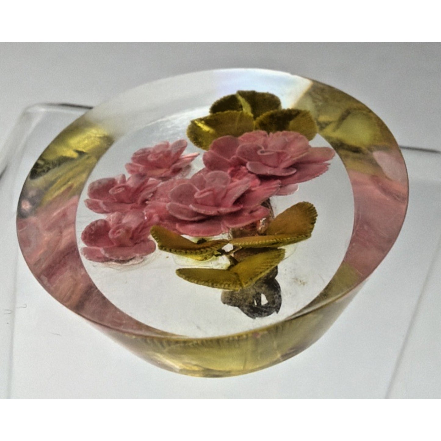 Vintage Clear Lucite Pin Brooch Rose Flower Bud Floral Pink Green Leaves