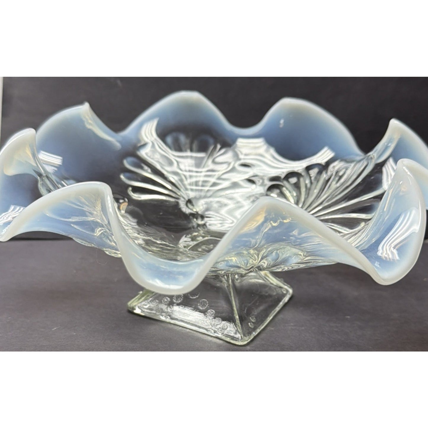 EAPG Jefferson Glass Footed Bowl Beaded Fan 211 Opalescent Ruffled Wavy Rim