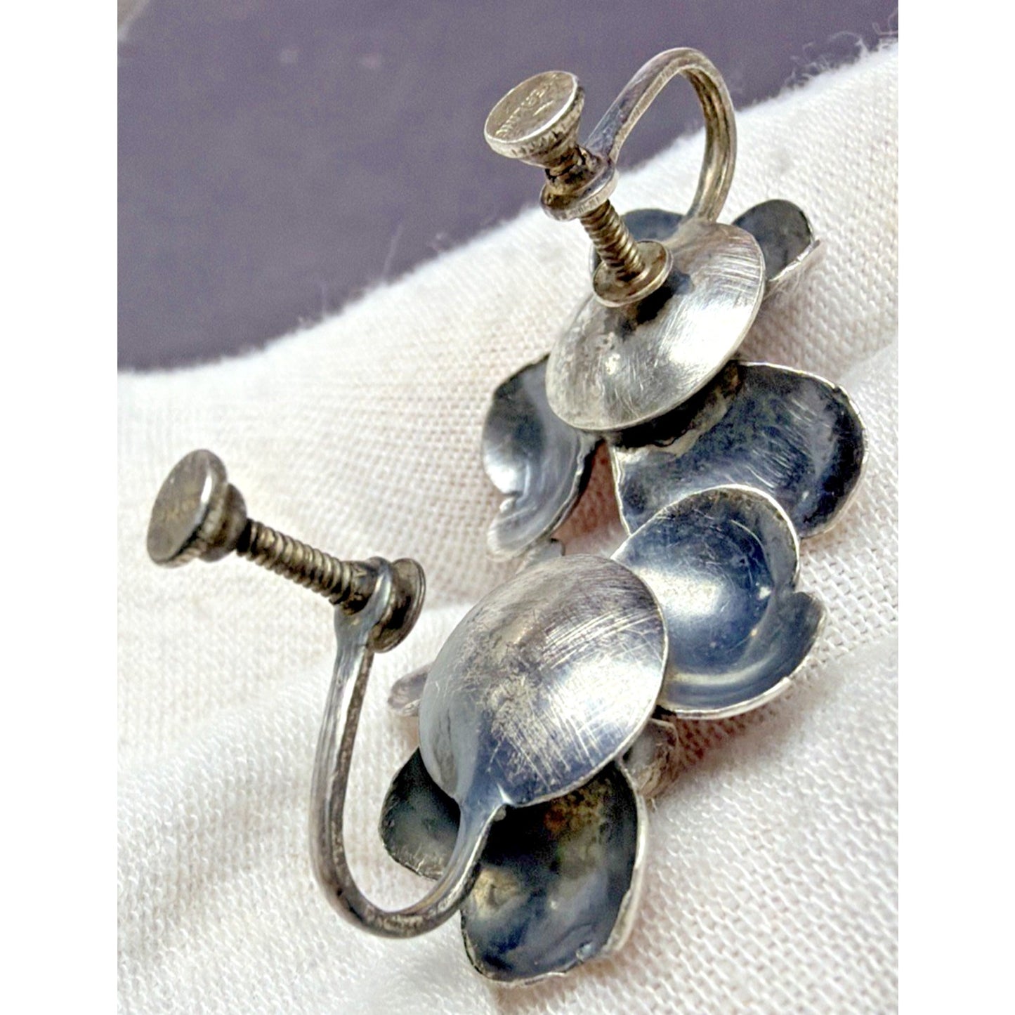 Vintage Sterling Silver Detailed Rose Rosette Flower Screw Back Earrings