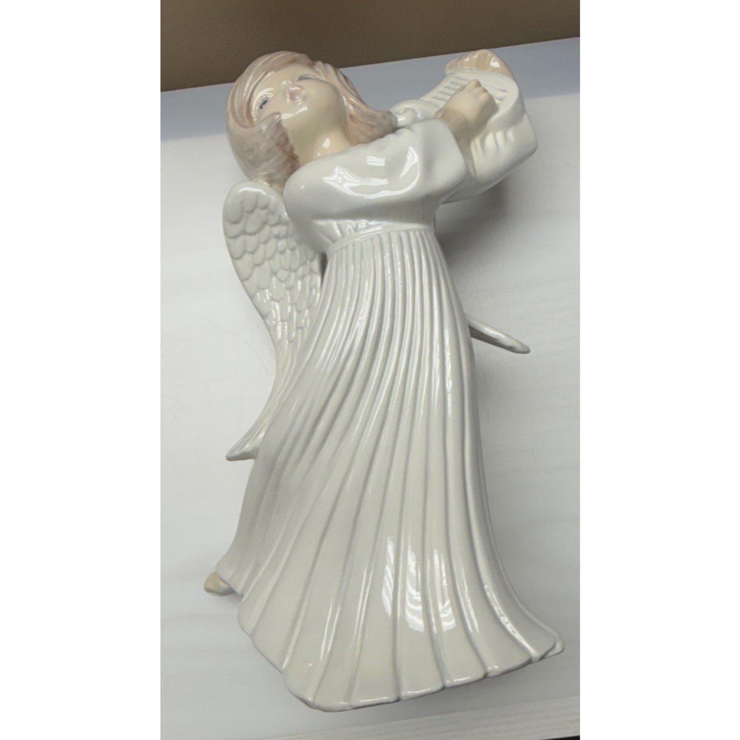 Vintage Atlantic Mold Ceramic Angel Playing Harp Hand Painted Glazed Large As Is