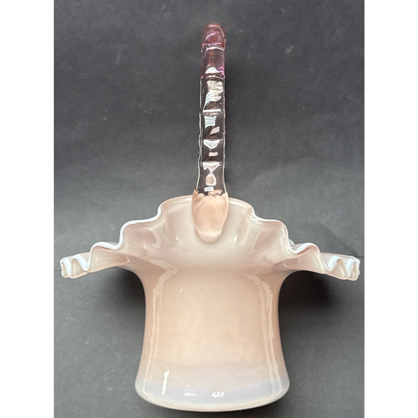 Vtg Fenton Glass Pink Overlay Basket Crimped Bamboo Handle Ruffle Edge As-Is