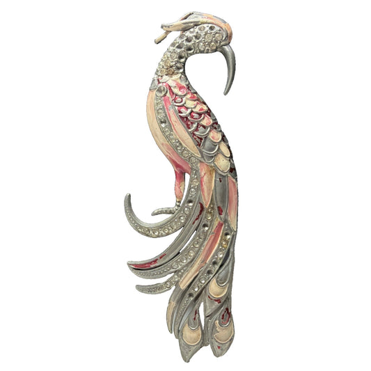 Vintage Large Enamel Rhinestone Bird of Paradise Peacock Egret Brooch Damage