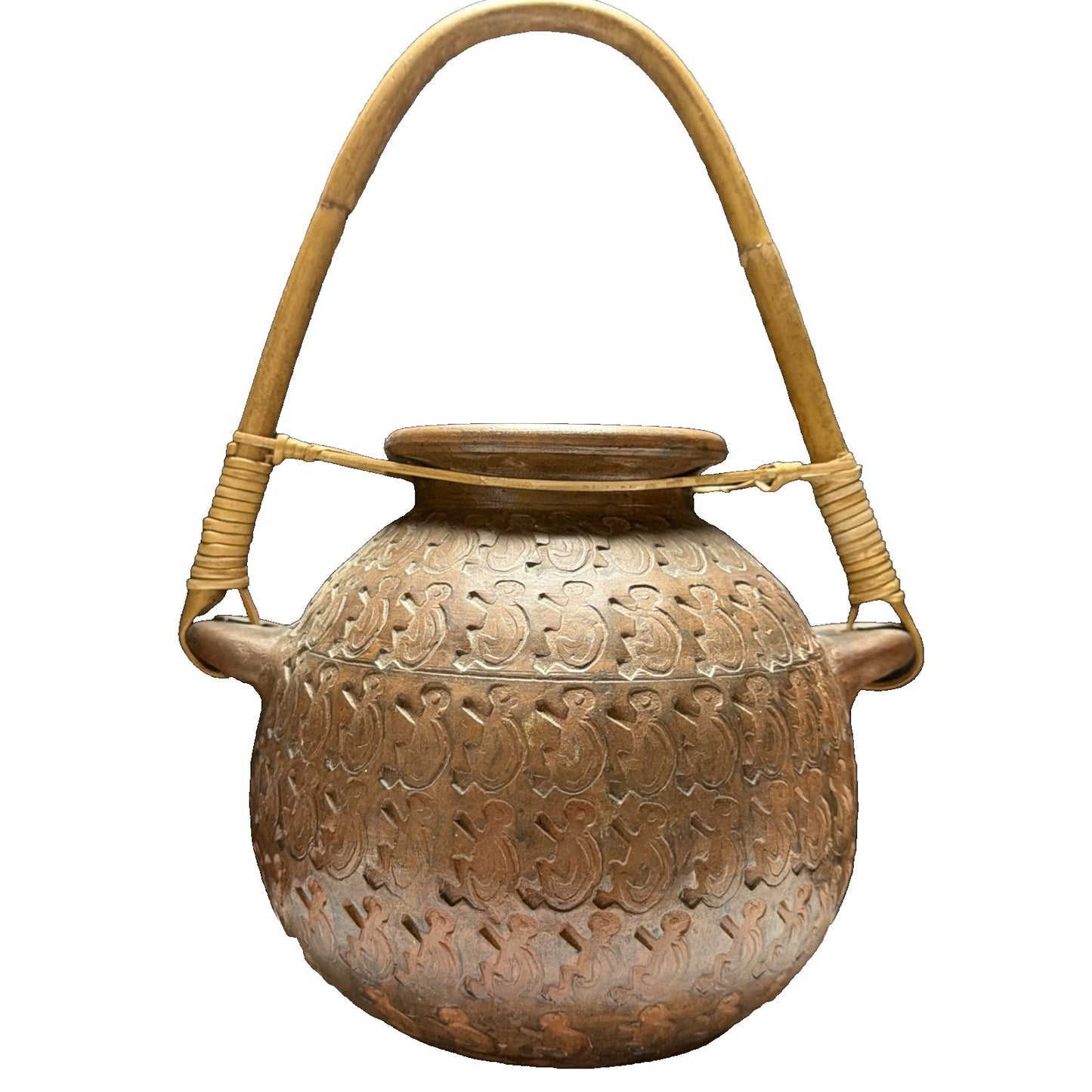 Chinese Asian Earthenware Pot Jar Vessel Bamboo Handle Impressed Symbols As Is