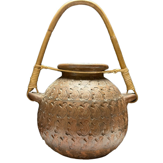 Chinese Asian Earthenware Pot Jar Vessel Bamboo Handle Impressed Symbols As Is