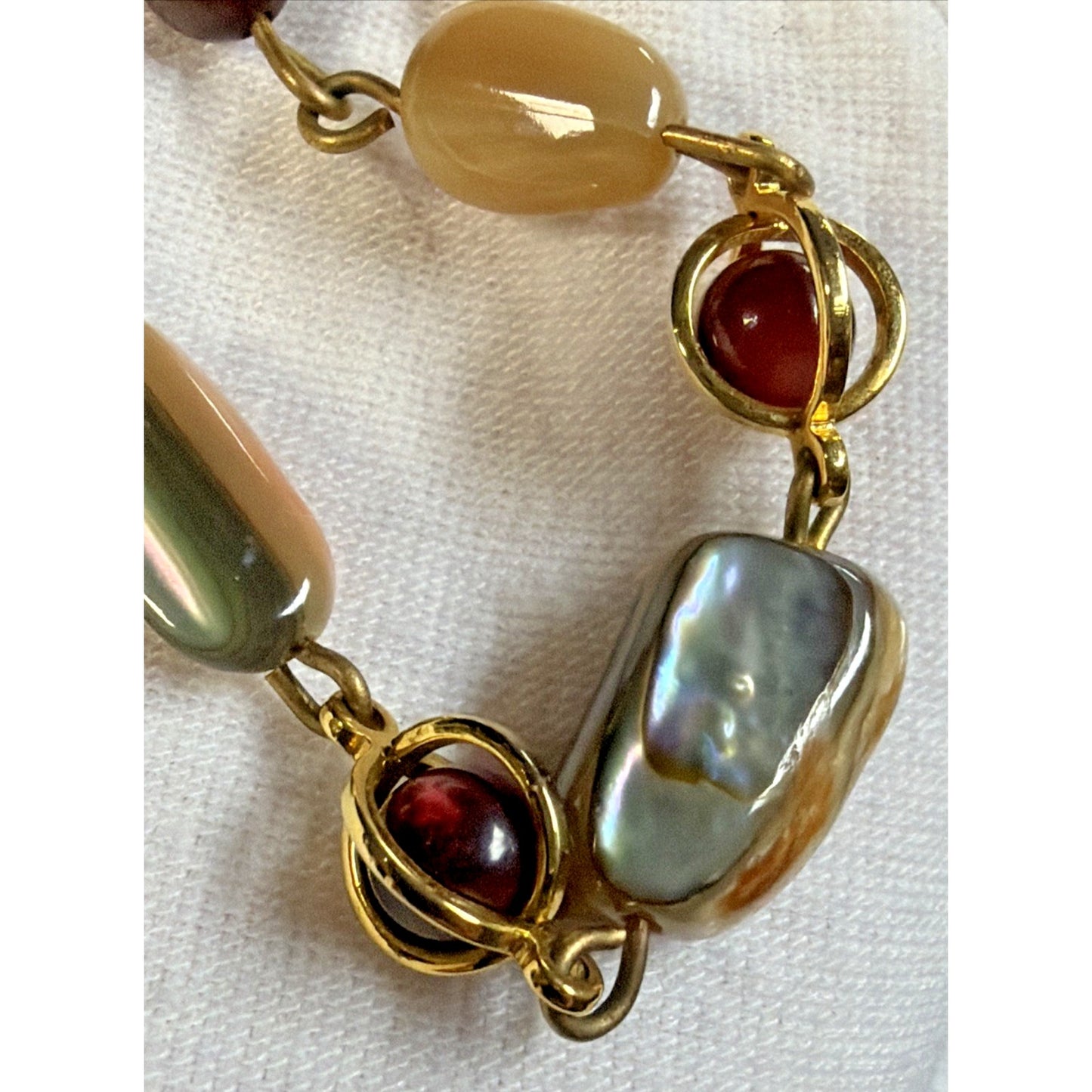 Vintage Multi Stone Necklace Gold Tone Agate Mother of Pearl Shell