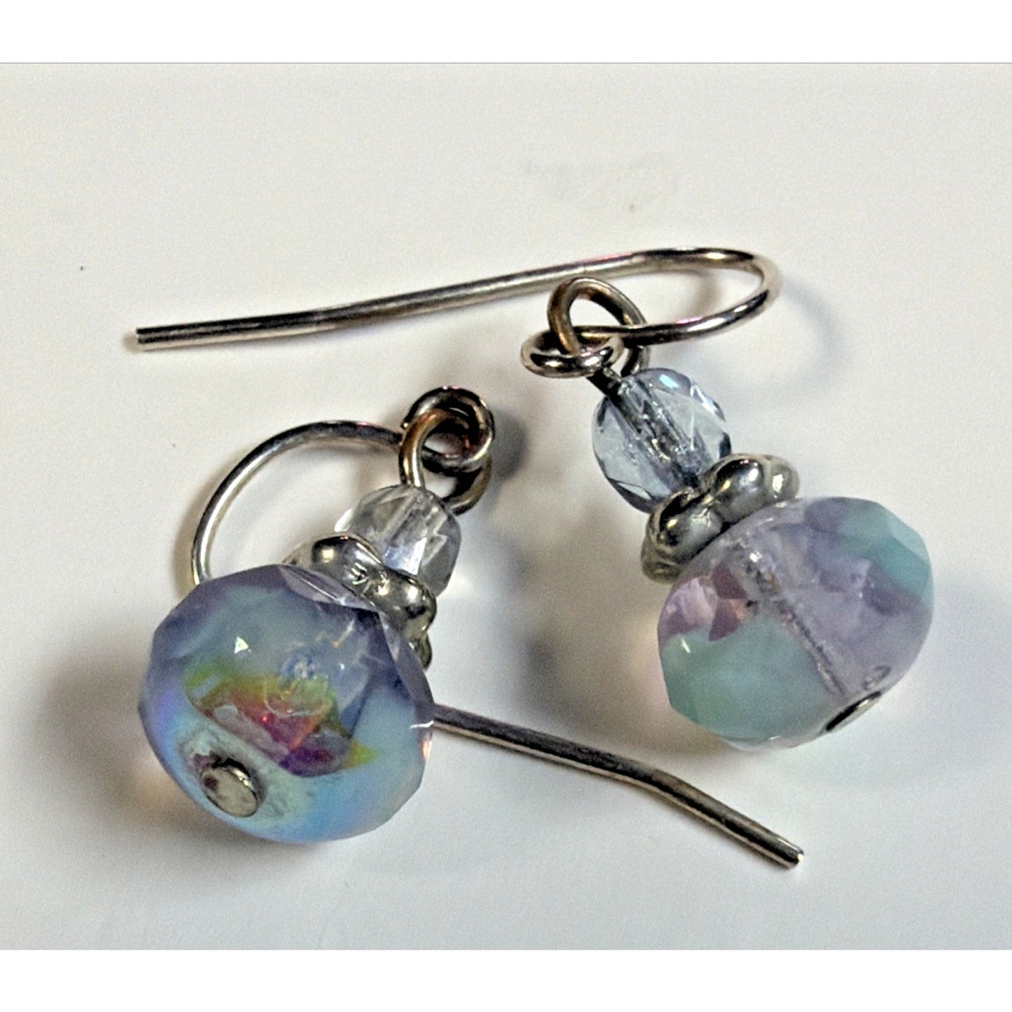 Vintage Sterling Silver Faceted AB Crystal Glass Uranium Dangle Earrings Mottled