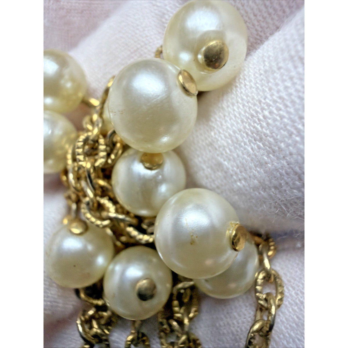 Vintage Tammey Jewels Faux Pearl Drop Necklace Gold Tone Metal Signed Oval Link