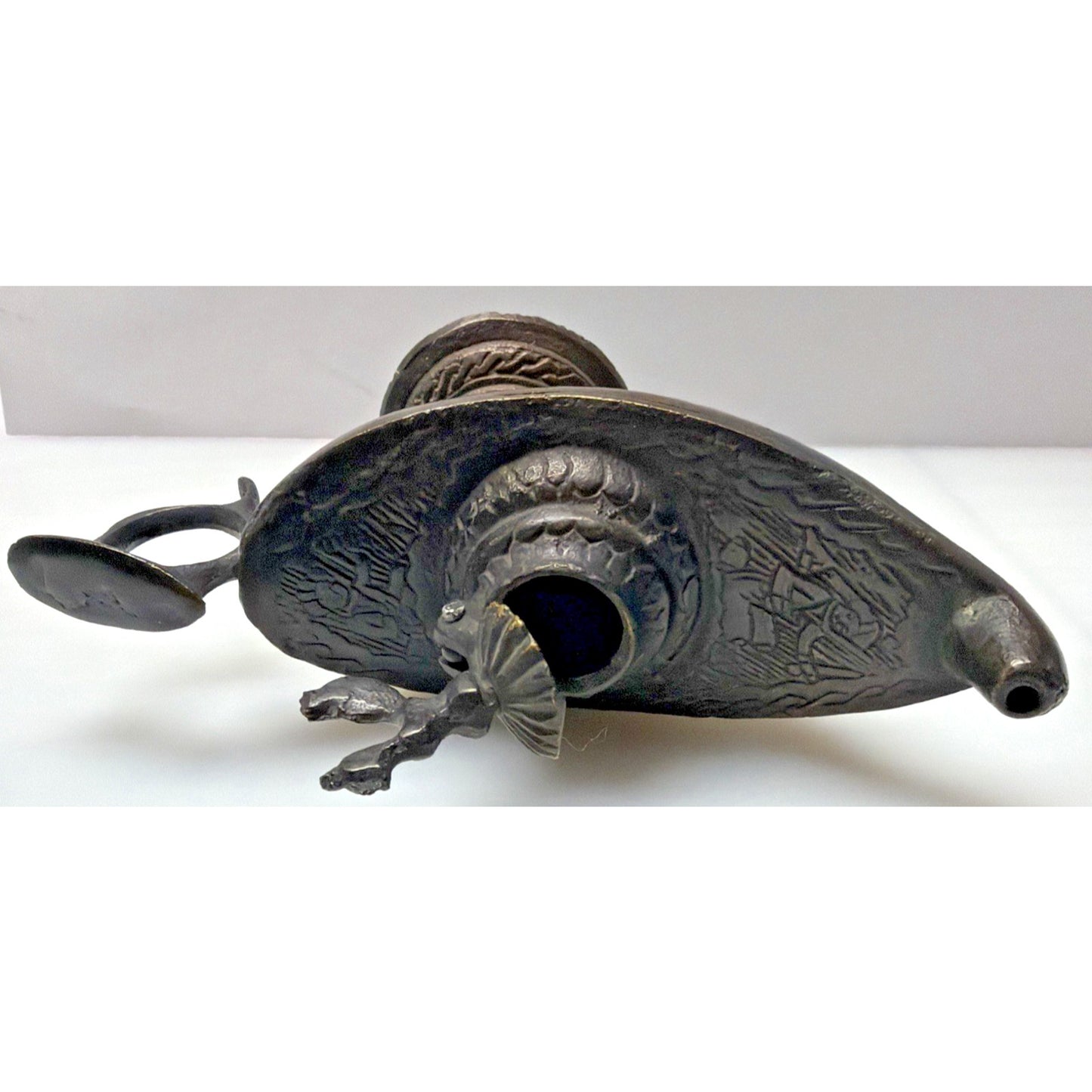 Old Bronze Brass Peacock Bird Engraved Aladdin Lamp Oil Handle As Is Read