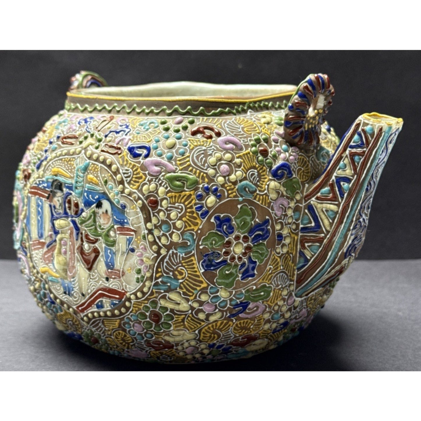 Antique Japanese Satsuma Teapot Beaded Moriage Ornate As-Is No Lid