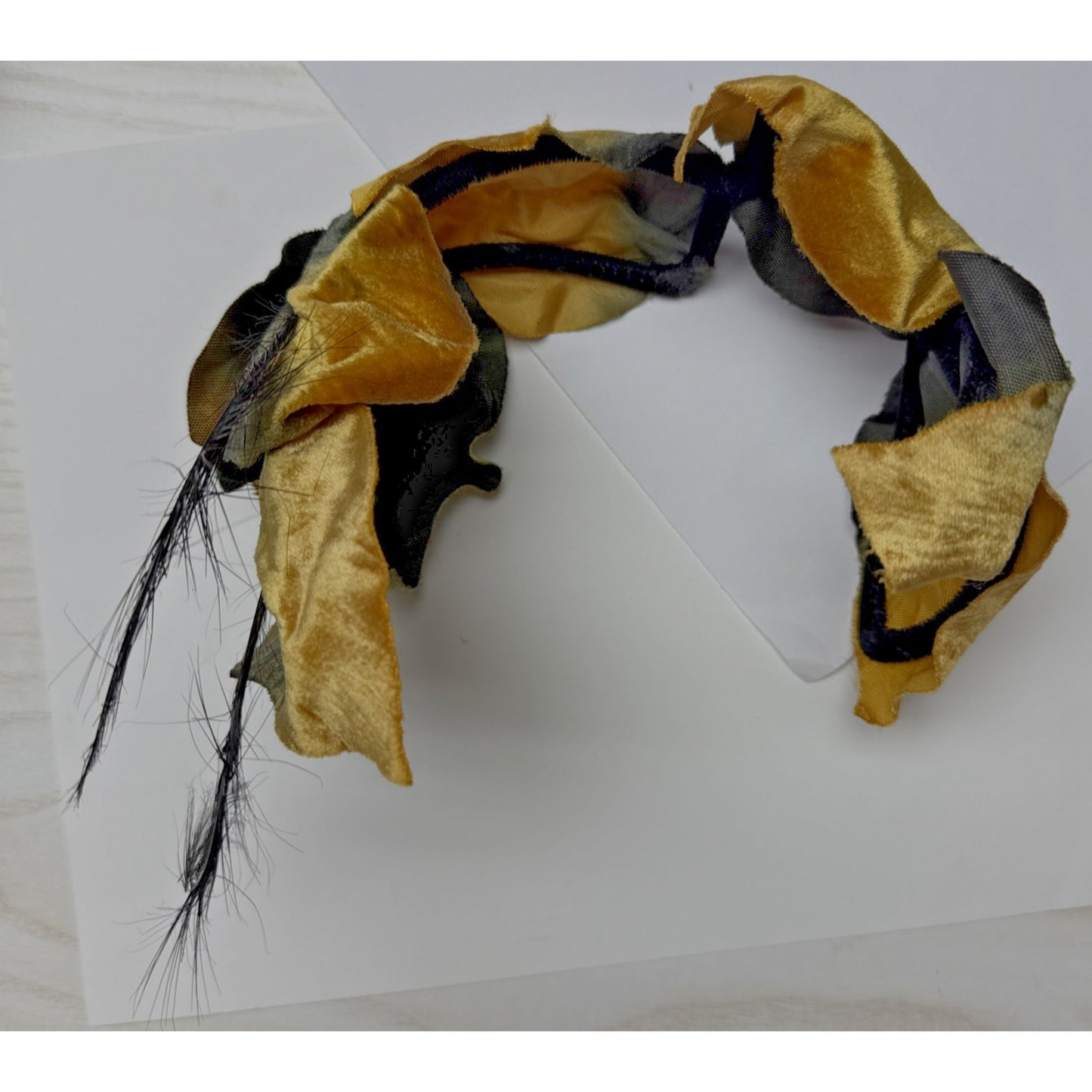 Vintage Metallic Velvet Maple Leaf Half Hat Fascinator Gold Black Feather