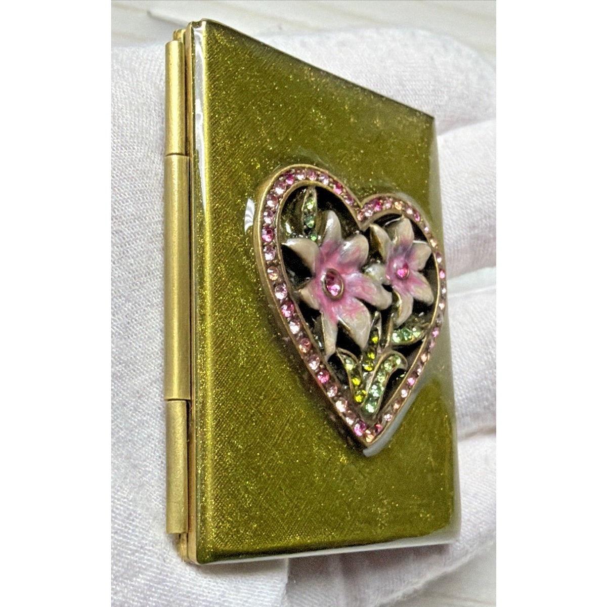 Jay Strongwater Folding Travel Double Picture Frame Heart Flowers Jeweled Green