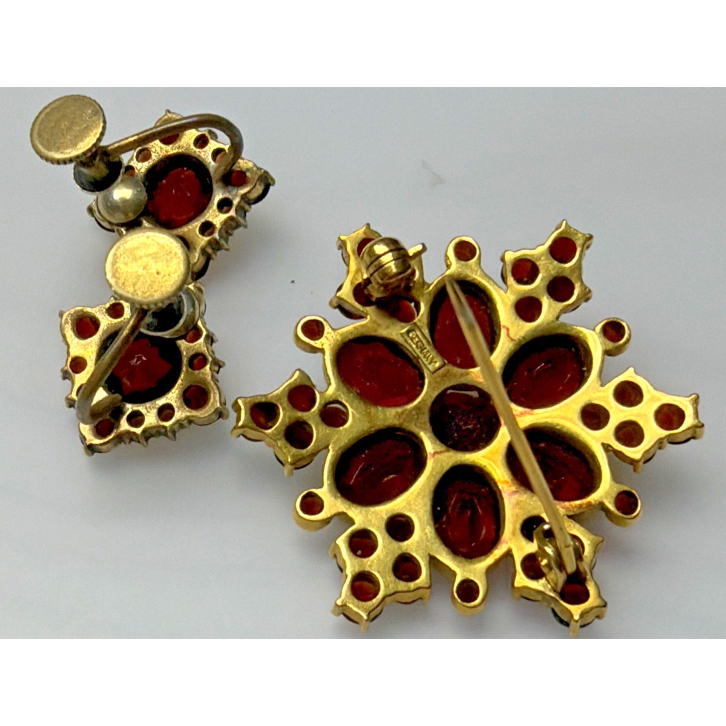 Victorian Red Garnet Star Snowflake Cluster Germany Brooch Pin Screw Earrings