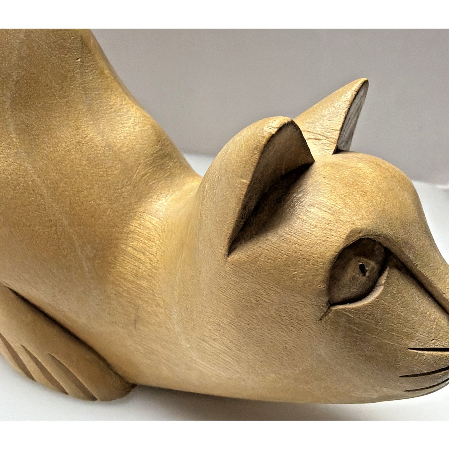 Folk Art Whimsey Hand Carved Solid Wood Cat Figurine Crouched Statue