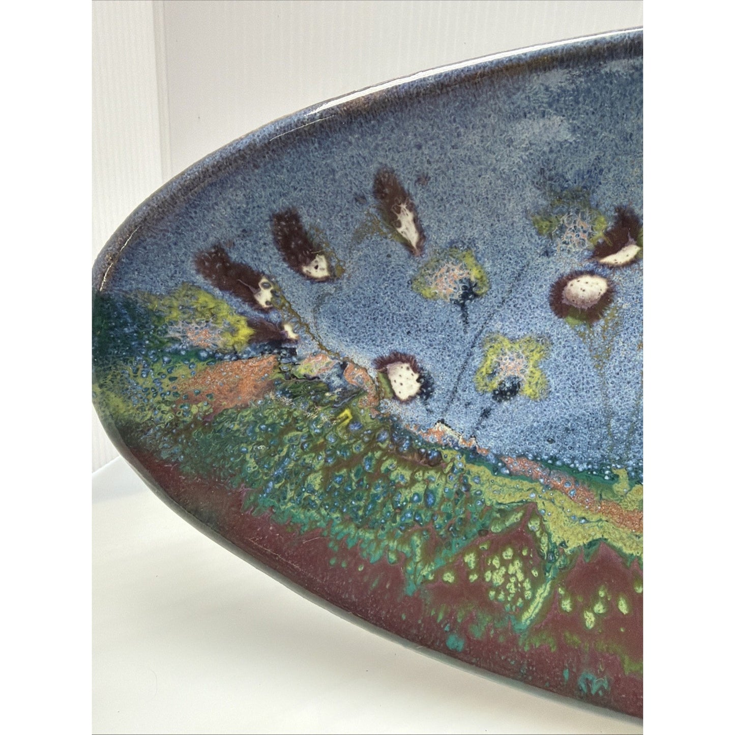 Phil Morgan Art Pottery Long Oval Platter Glazed Hand Painted Flowers Stems