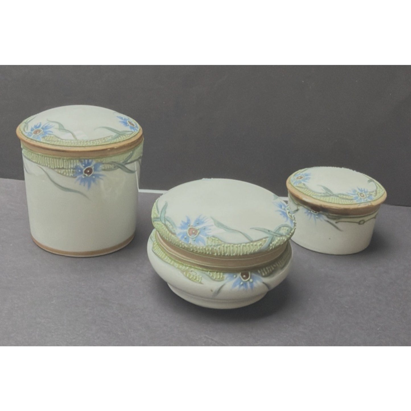 Antique Lot of 3 Hand Painted Nippon Moriage Floral Covered Trinket Vanity Jars