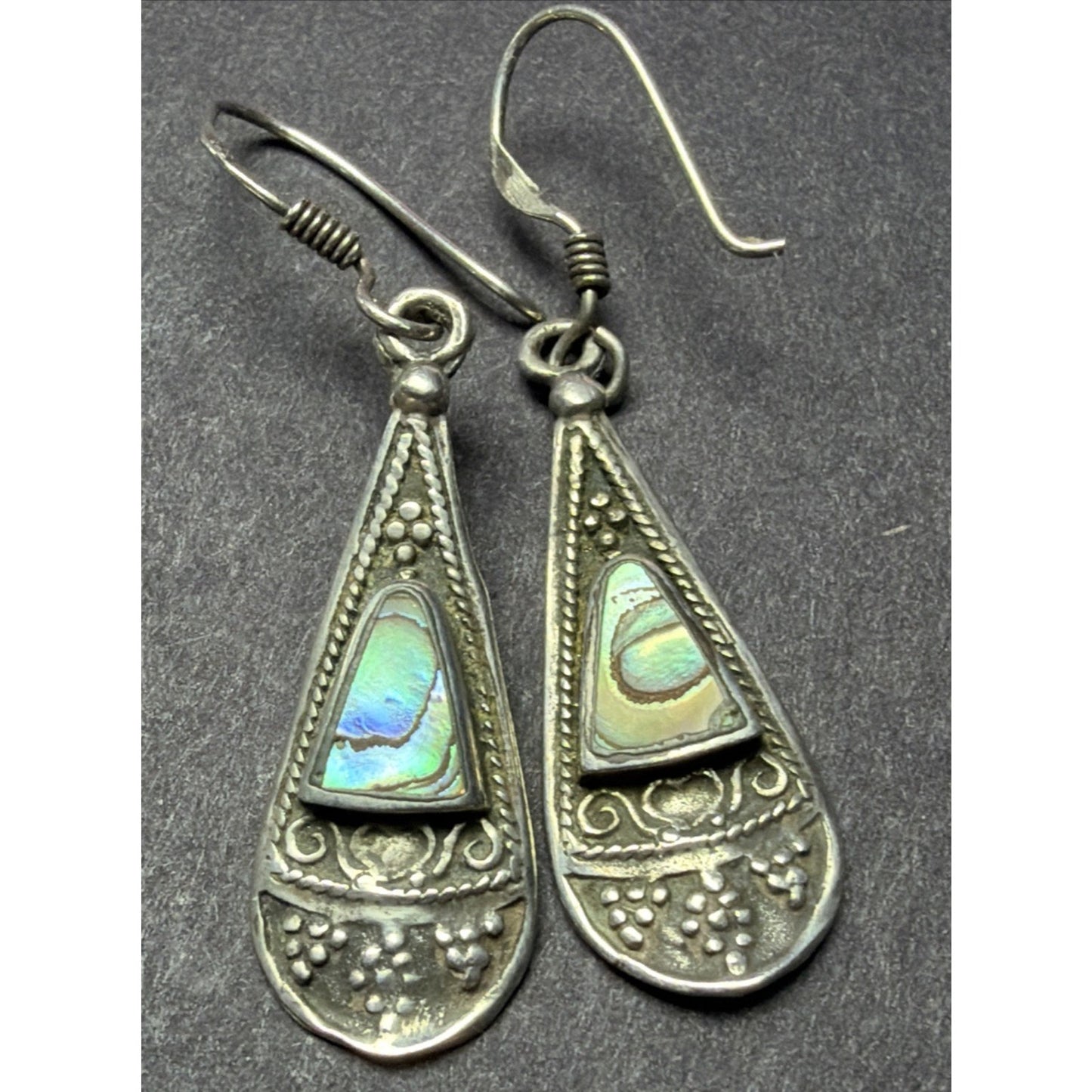 Vtg ATI Mexico Sterling Silver 925 Pierced Drop Teardrop Ornate Earrings Abalone
