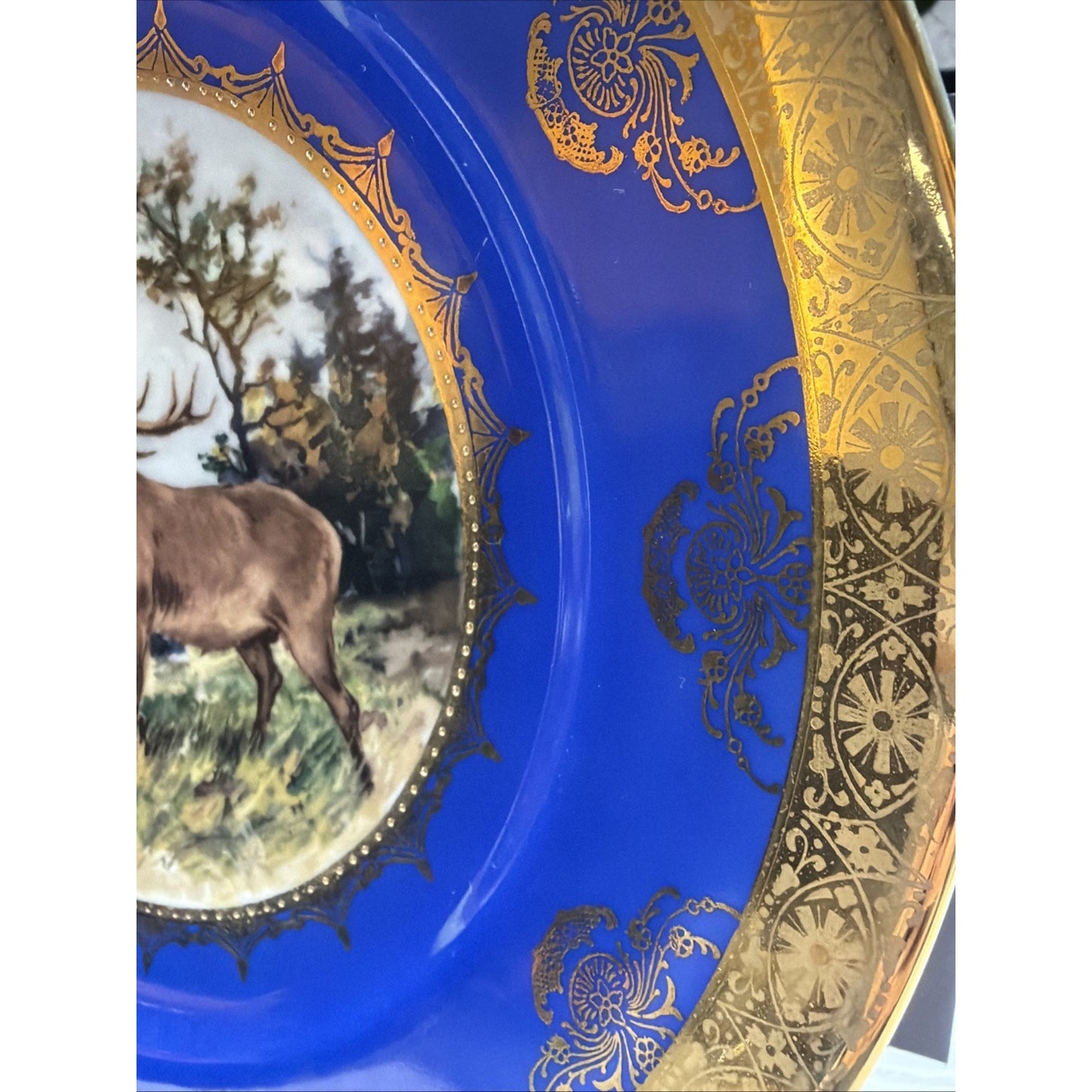 Vintage STW Bavaria Cobalt Blue Game Plate Gold Ornate Elk
