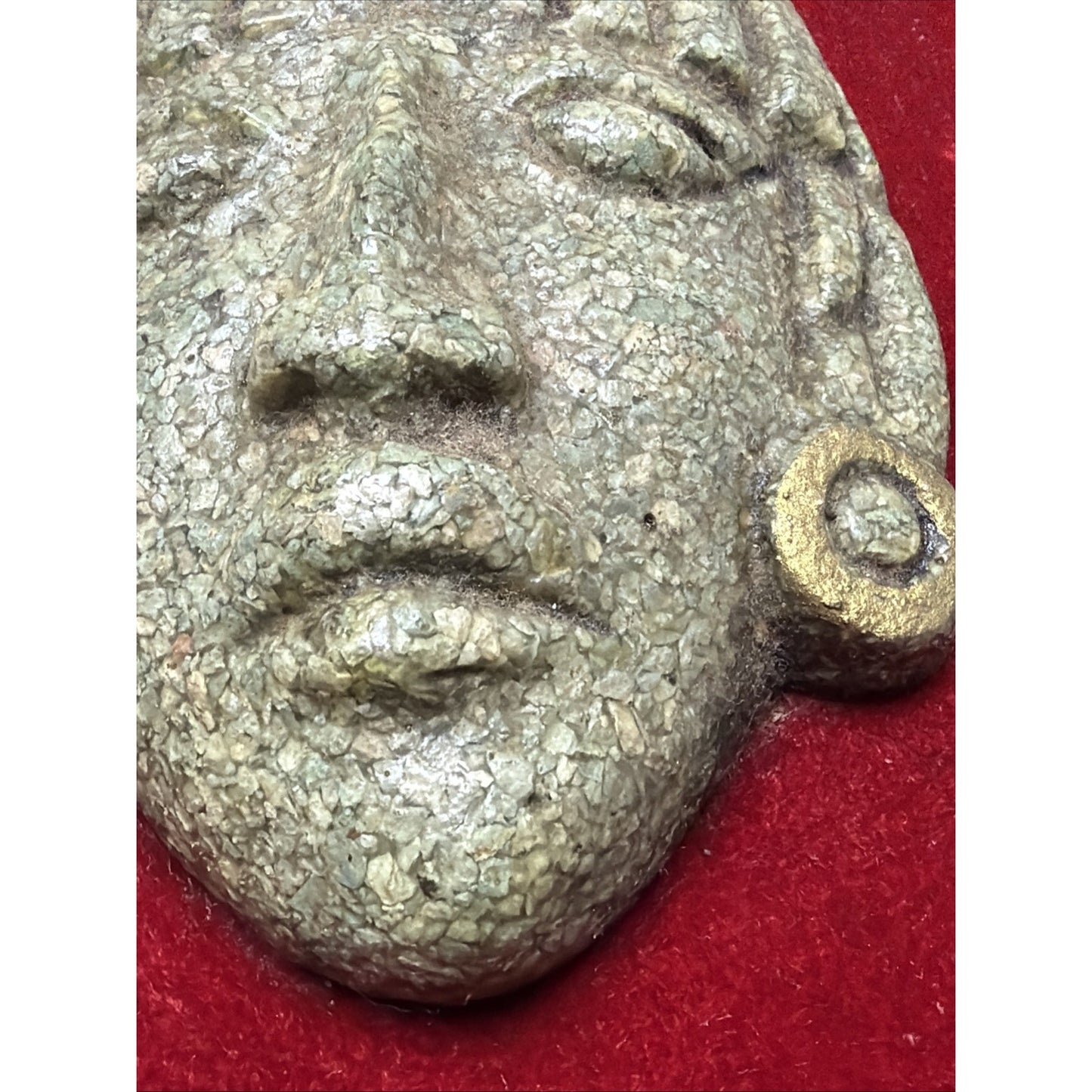 Vintage Aztec Mayan God Crushed Malachite Art Wall Hanging Plaque Wood Velvet